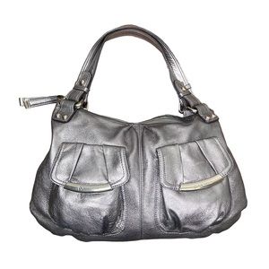 B. Makowsky Metallic Pewter Leather Hobo Shoulder Bag